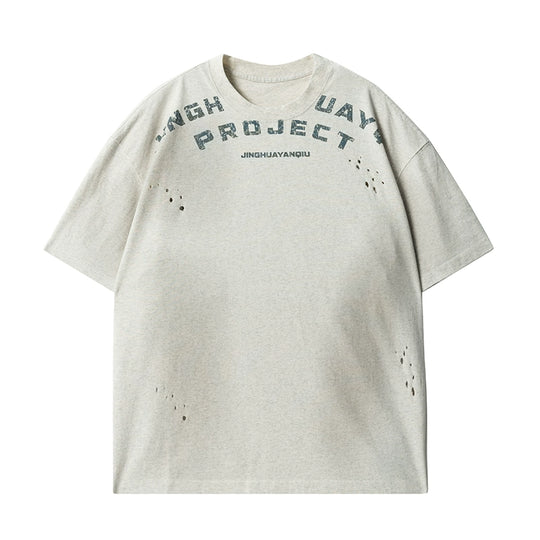 JHYQ Letter Print Distressed Washed Tee | Face 3 Face