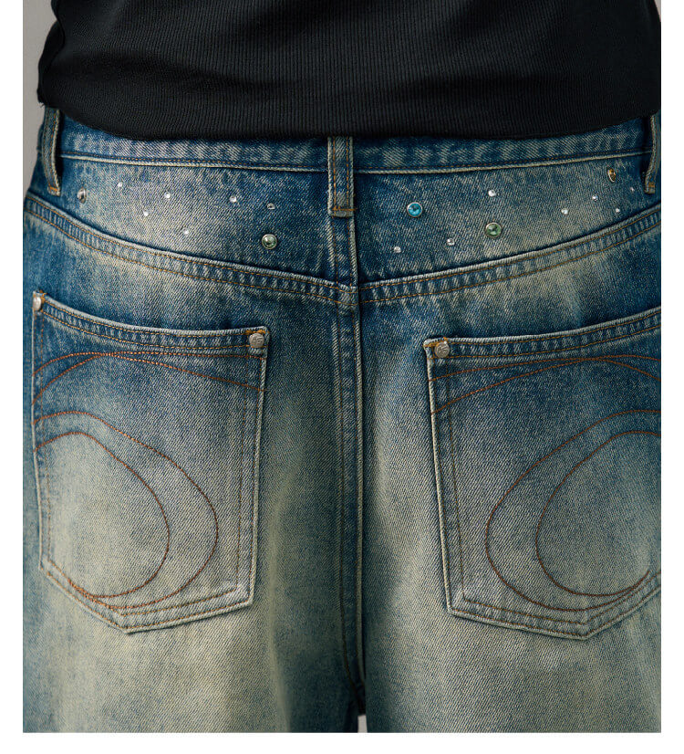 S45 Gemstone and Rhinestone Studded Washed Jeans | Face 3 Face