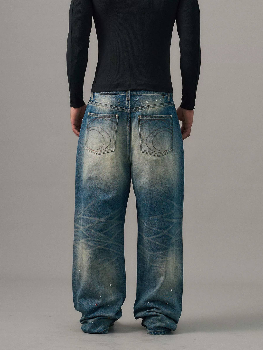 S45 Gemstone and Rhinestone Studded Washed Jeans | Face 3 Face