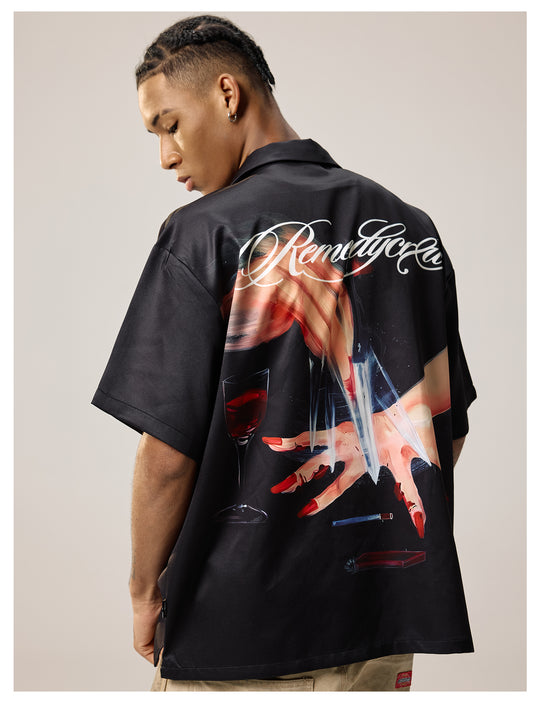 Remedy Finger and Wine Glass Full Print Short Sleeve Cuban Shirt | Face 3 Face