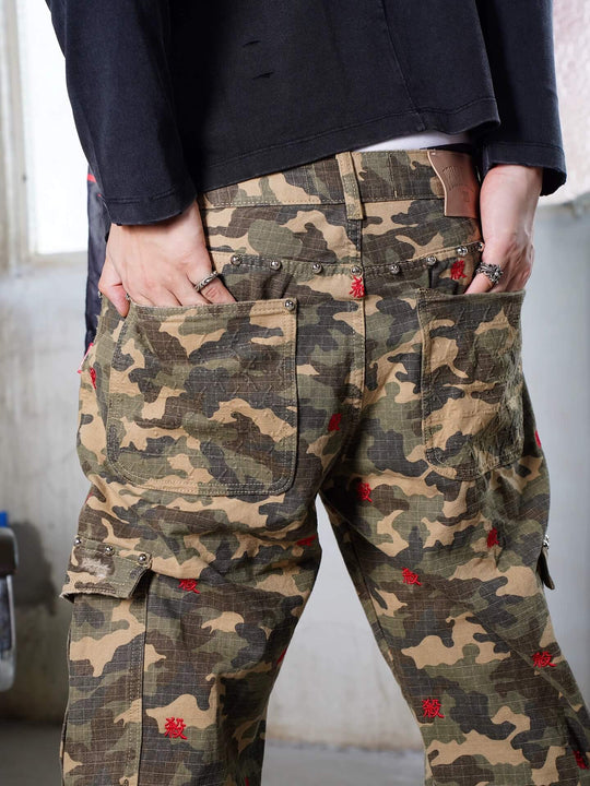 TGFCLUB Kill Fully Embroidered Studded Camouflage Cargo Pants | Face 3 Face
