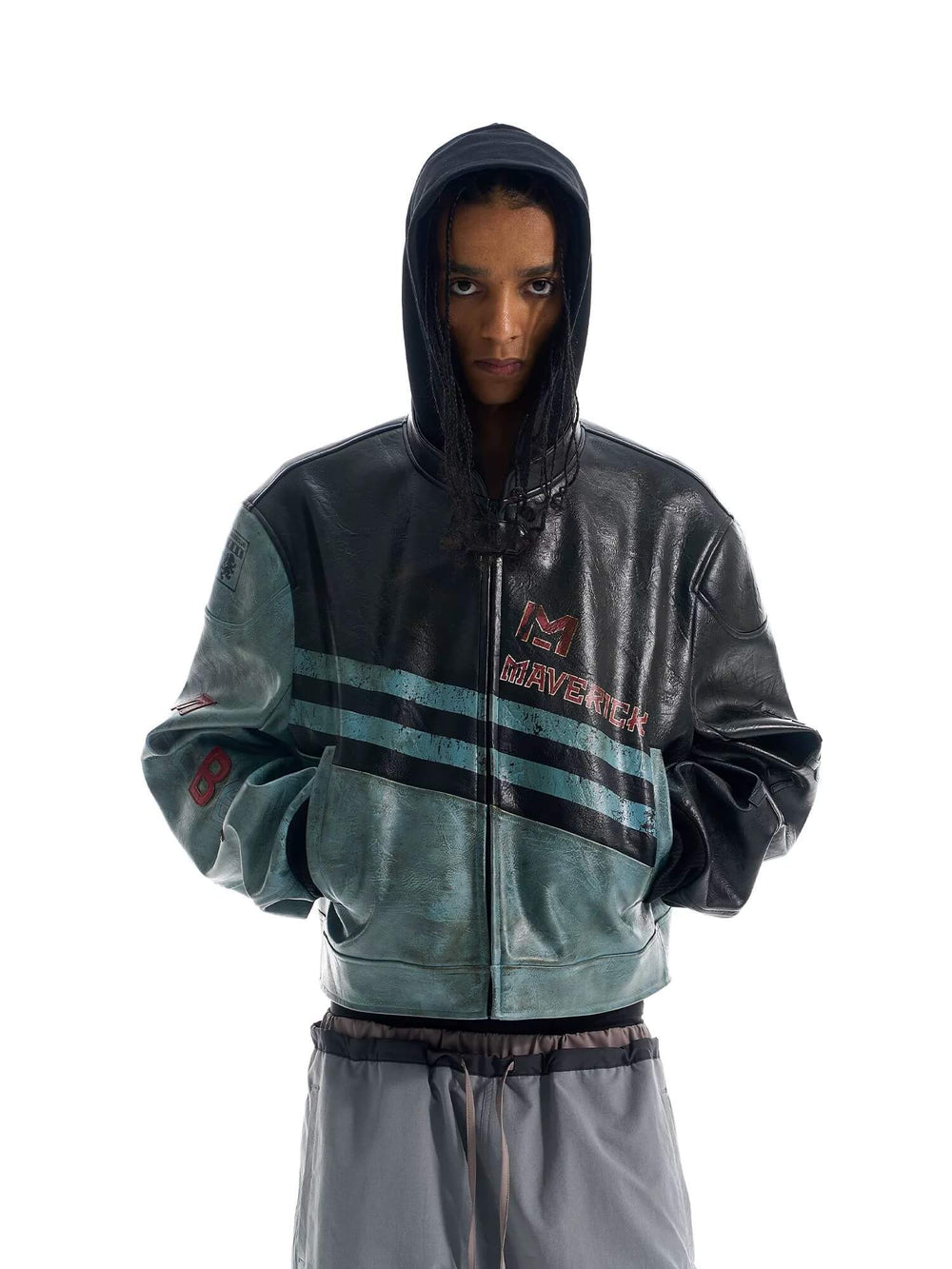EXITMODE BY BLIND NO PLAN Vintage Distressed PU Leather Short Racing Jacket | Face 3 Face