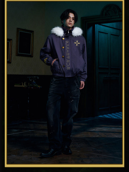 MEDM × HUNTER×HUNTER Kuroro Inverted Cross Patch Faux Fur Hood Quilted Jacket
