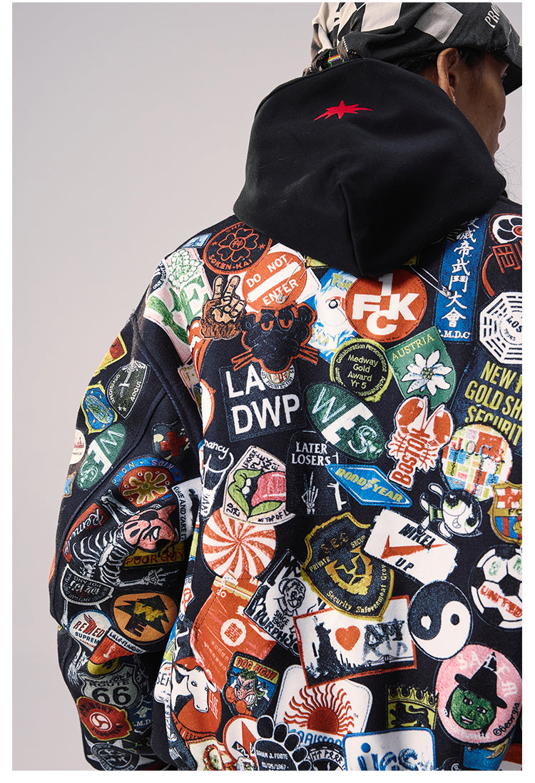 Remedy All Over Badge Print Varsity Jacket | Face 3 Face