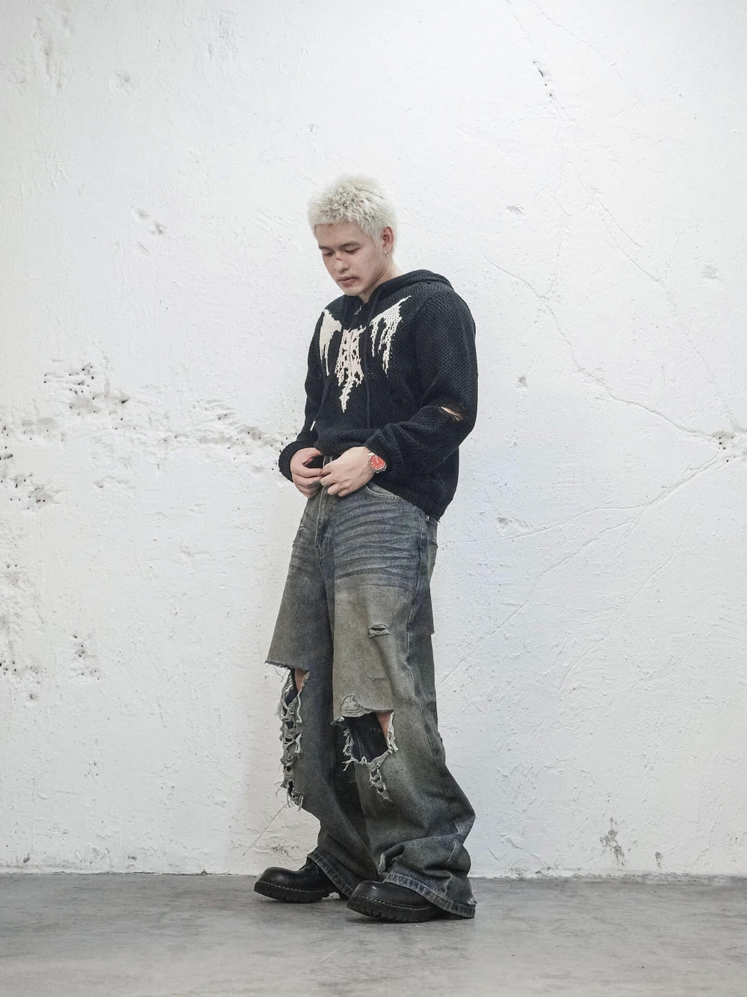 UNDERWATER Winged Devil Bone Jacquard Distressed Knit Zip Up Hoodie | Face 3 Face