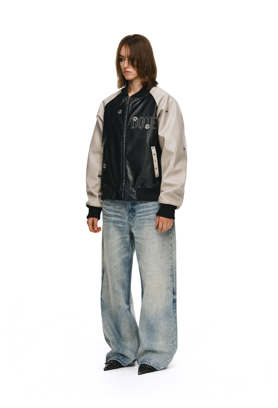 ANTIDOTE Bullseye Color Diamond Studded Leather Baseball Jacket | Face 3 Face