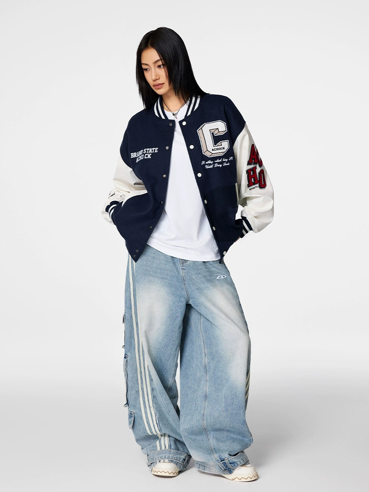 Racer varsity jacket | Achock College Embroidery Navy Blue Varsity Jacket | Face 3 Face