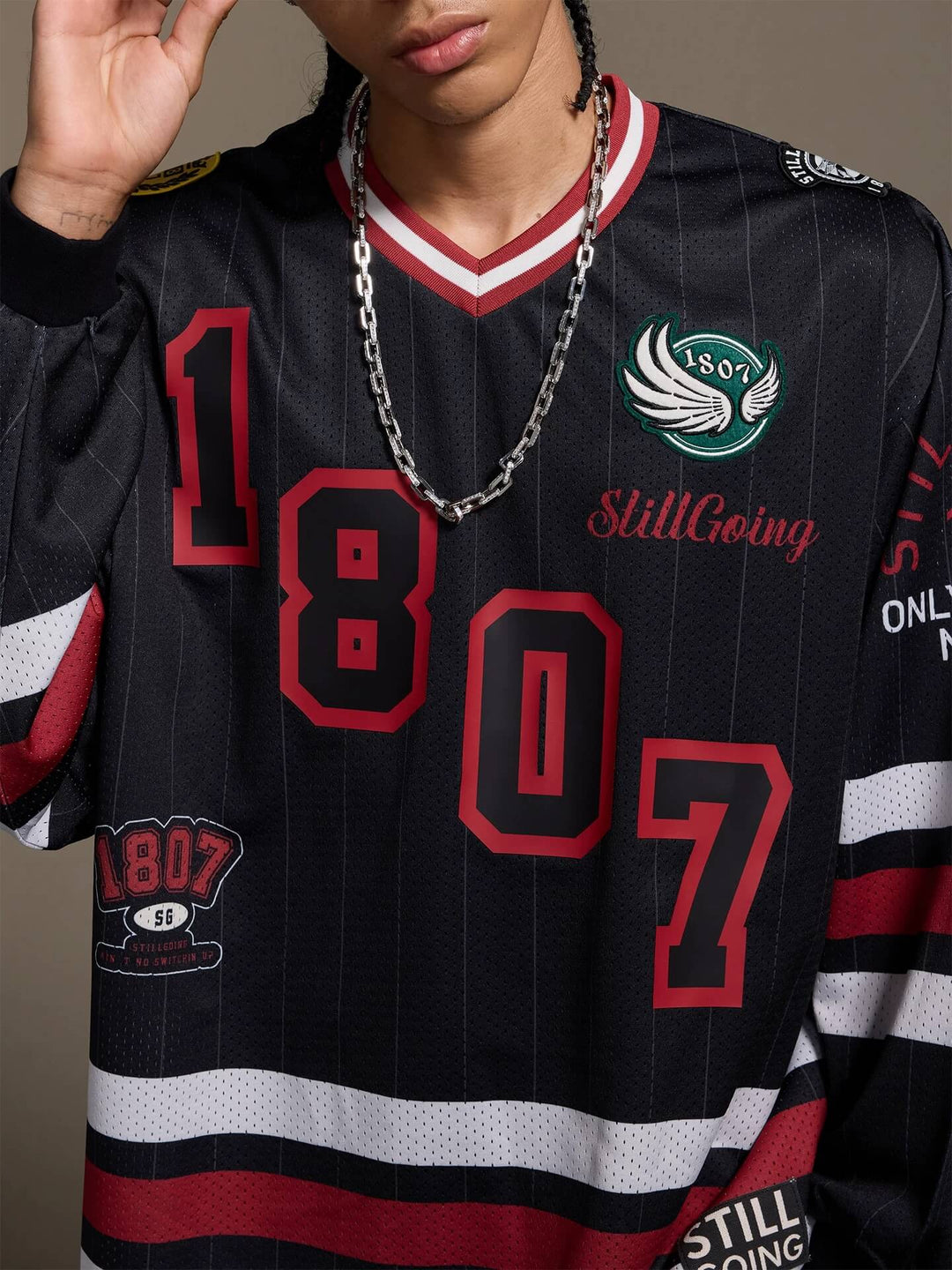 1807 Print Patch V Neck Mesh Long Sleeve Hockey Jersey | Face 3 Face