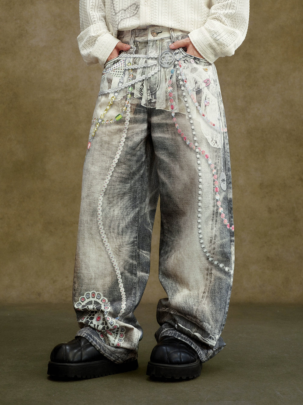 YADcrew Lace Color Bead Chain Photorealistic Print Jeans | Face 3 Face