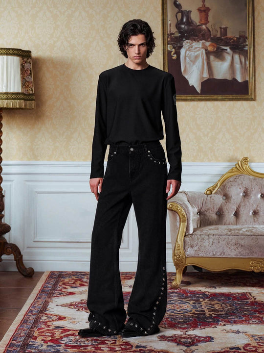 YADcrew Black Star Studded Washed Jeans | Face 3 Face