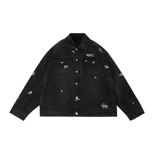 1807 All Over Floral Embroidered Washed Denim Jacket | Face 3 Face