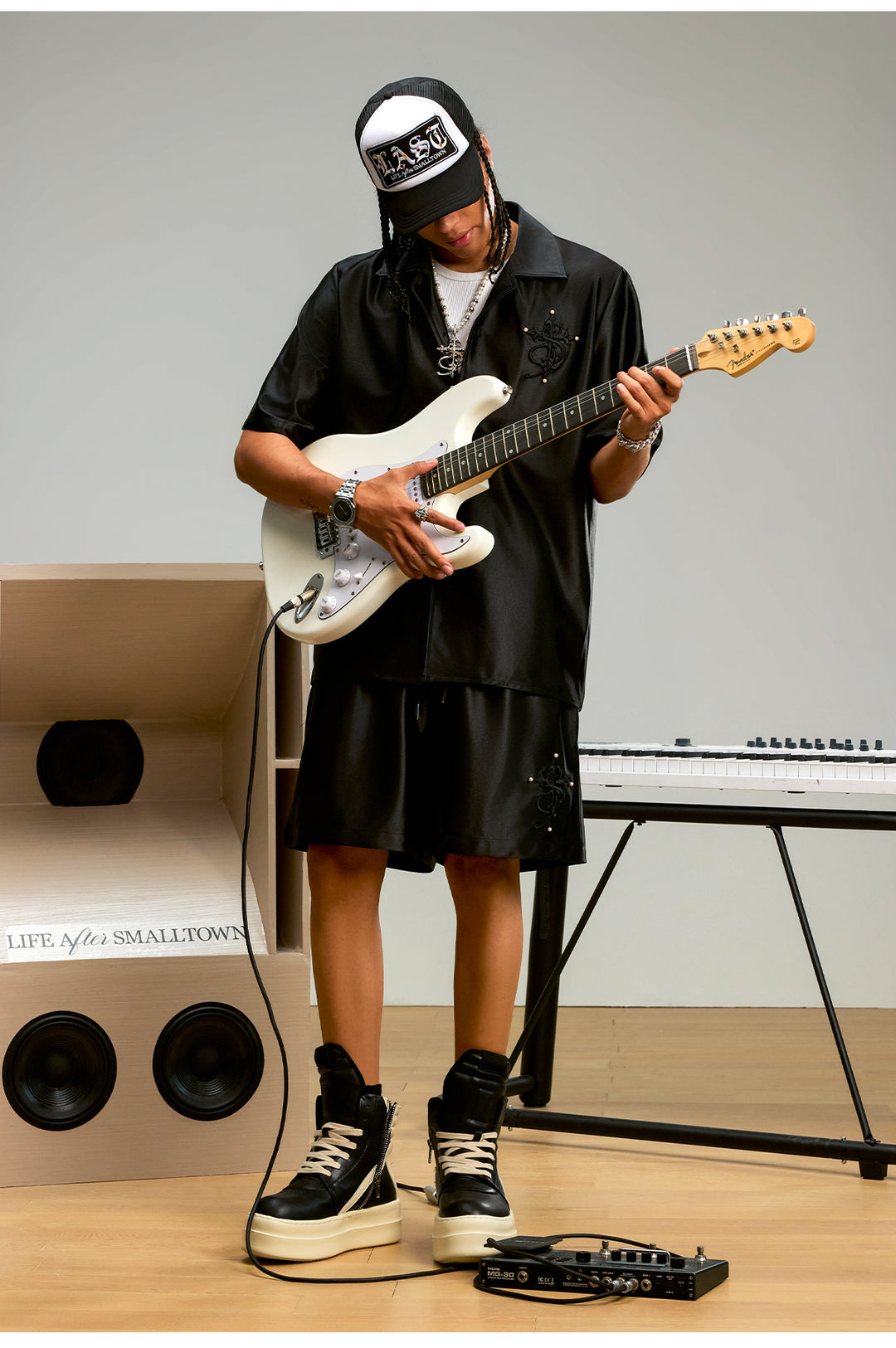 Small Town Kid 3D Cross Embroidered Satin Cuban Shirt Set | Face 3 Face