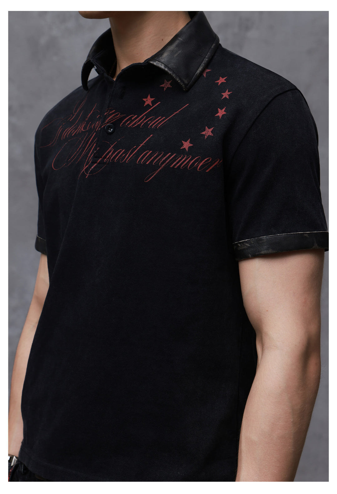 ANTIDOTE Washed Leather Collar Short Sleeve Polo