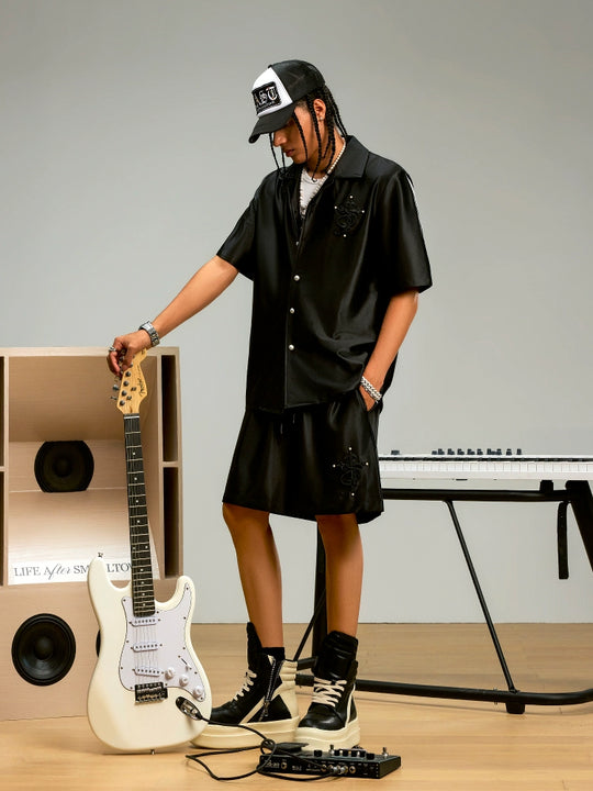 Small Town Kid 3D Cross Embroidered Satin Cuban Shirt Set | Face 3 Face