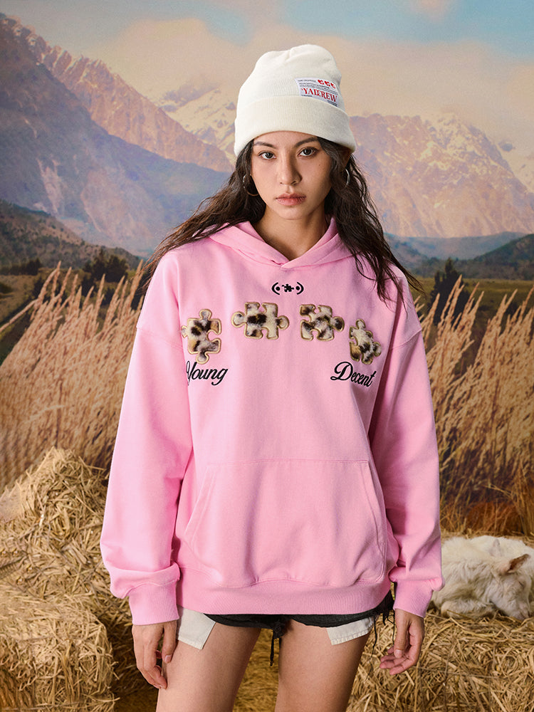 YADcrew Leopard Patch Embroidery Jigsaw Puzzle Hoodie | Face 3 Face