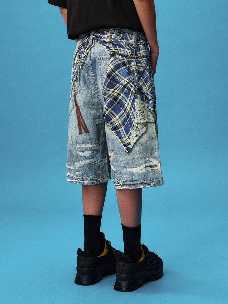YADcrew Plaid Shirt Chain Photorealistic Print Denim Shorts | Face 3 Face