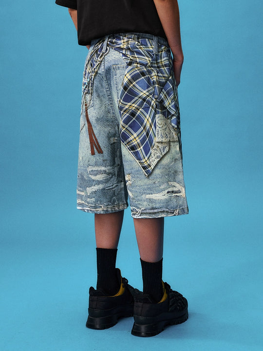 YADcrew Plaid Shirt Chain Photorealistic Print Denim Shorts | Face 3 Face