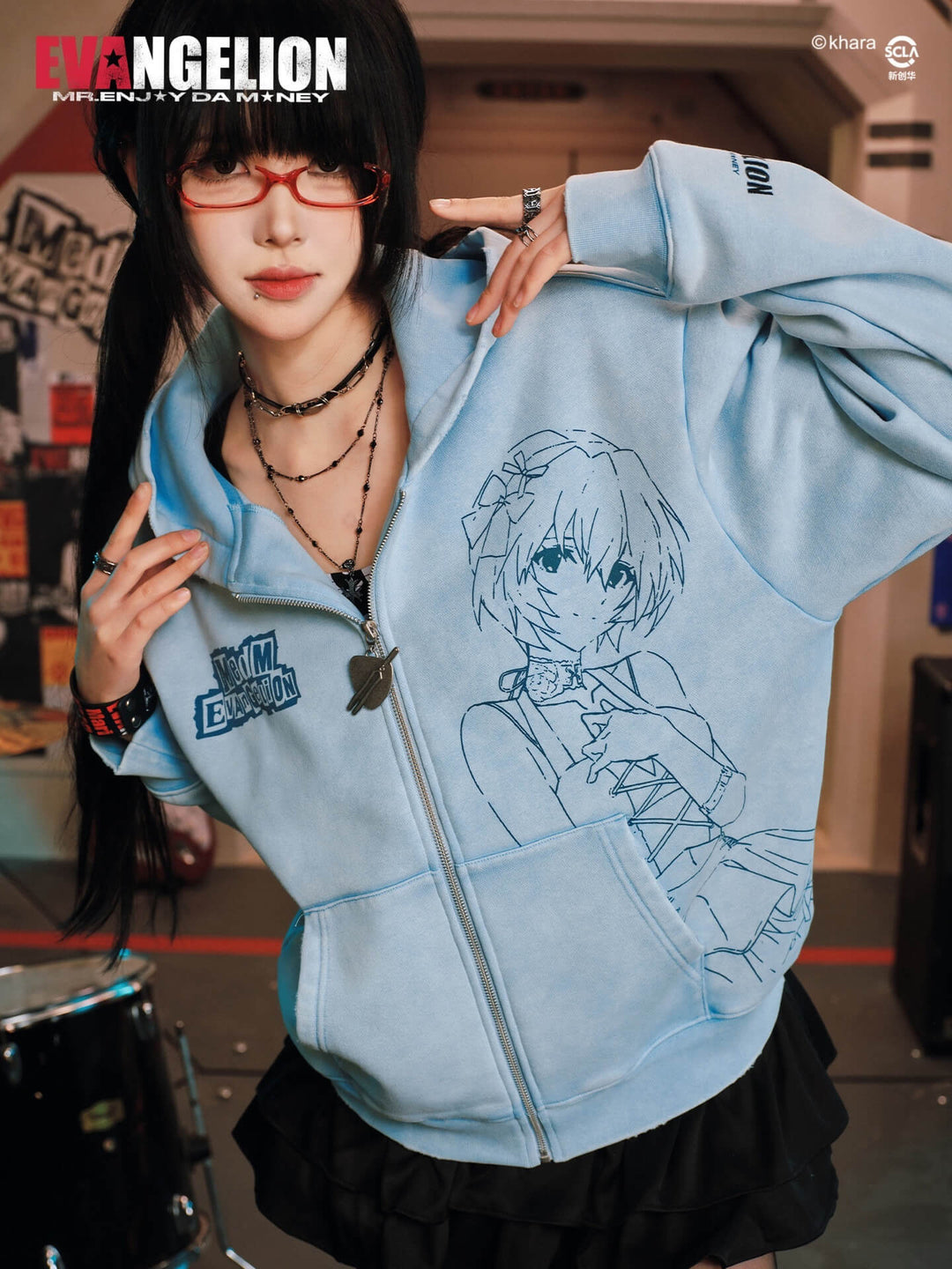 MEDM x EVA NEVER END Character Print Distressed Washed Zip Up Hoodie | Face 3 Face