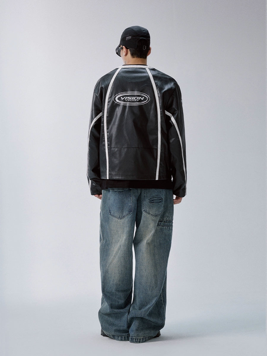 F2CE Striped Panel PU Leather Racing Jacket | Face 3 Face