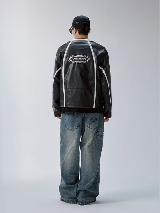 F2CE Striped Panel PU Leather Racing Jacket | Face 3 Face