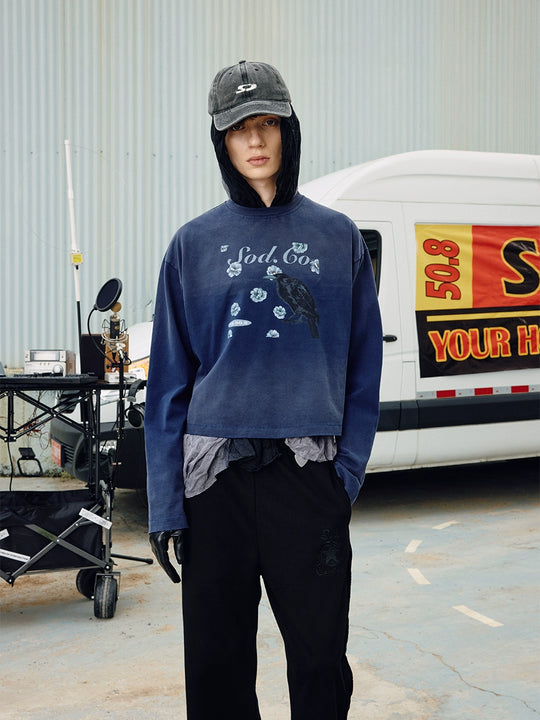 SOD Co. Raven Print Distressed Cropped Long Sleeve Tee | Face 3 Face