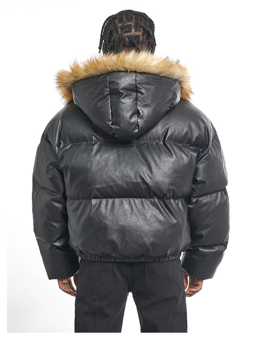 F3F Select Fur Hooded Removable PU Leather Puffer Jacket | Face 3 Face
