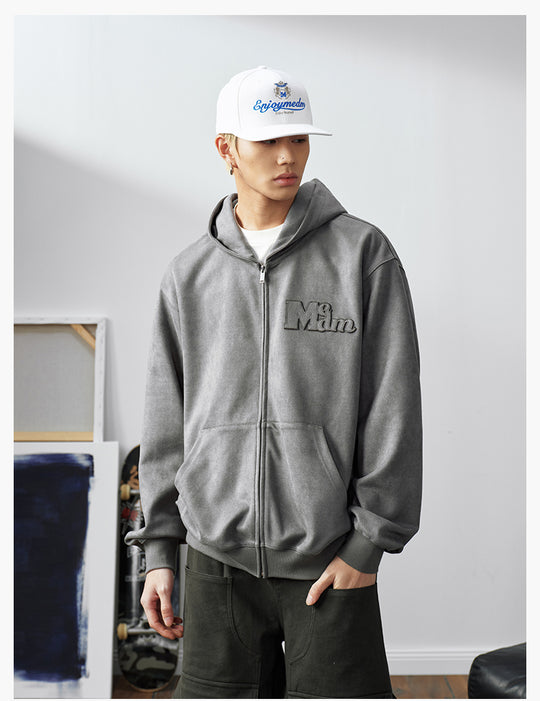 MEDM Suede Logo Patch Zip-Up Hoodie | Face 3 Face