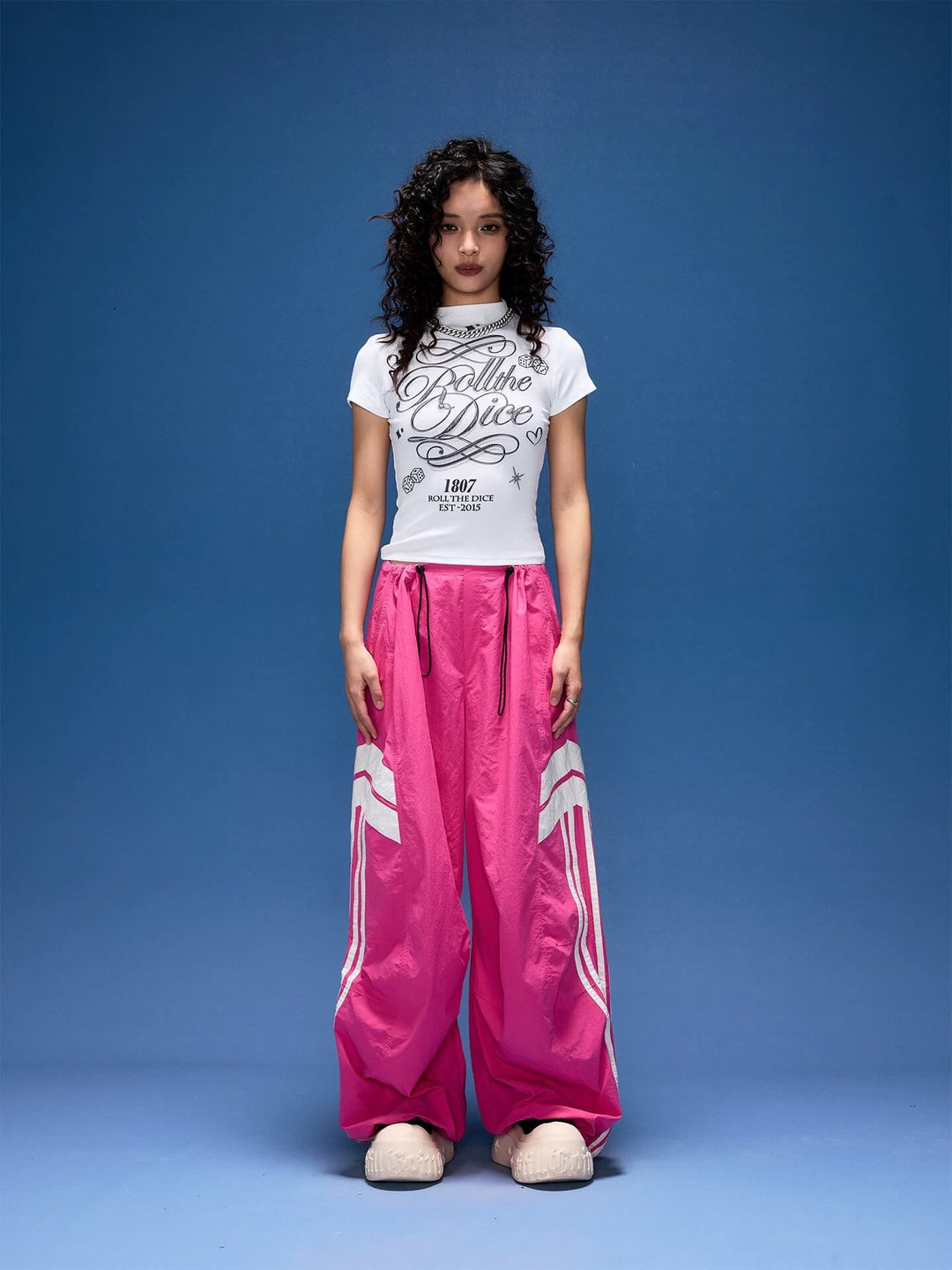 1807 PU Leather Stripe Nylon Baggy Track Pants | Face 3 Face