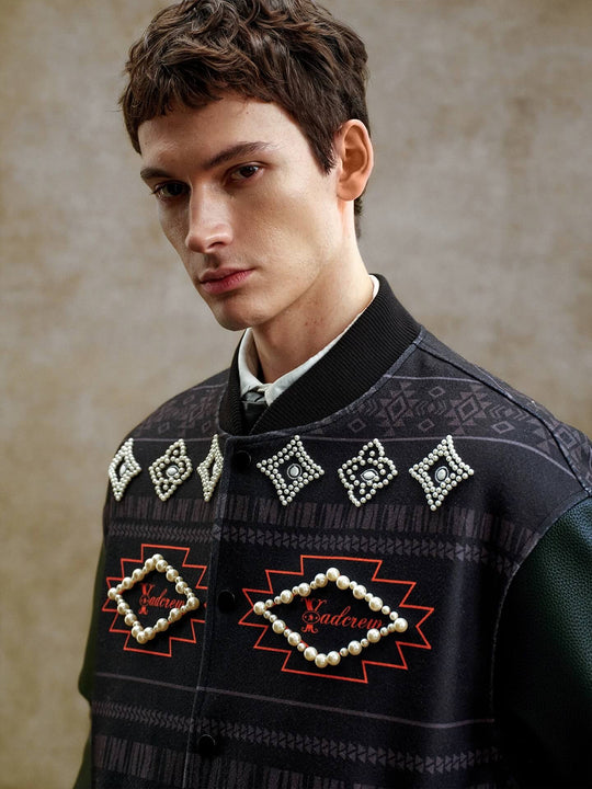 YADcrew Pearl Studded Ethnic Varsity Jacket | Face 3 Face