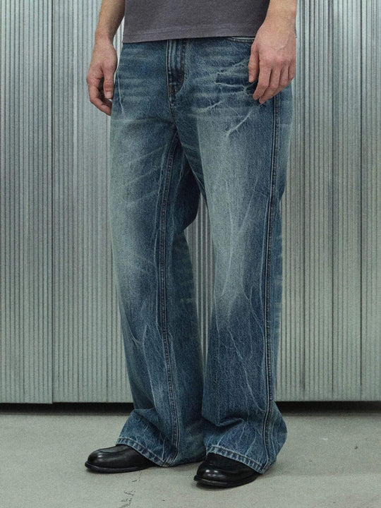 S45 Lightning Crack Wash Distressed Slight Flare Jeans | Face 3 Face