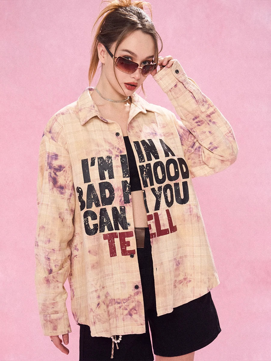 EMPTY REFERENCE Mottled Text Print Plaid Long Sleeve Shirt