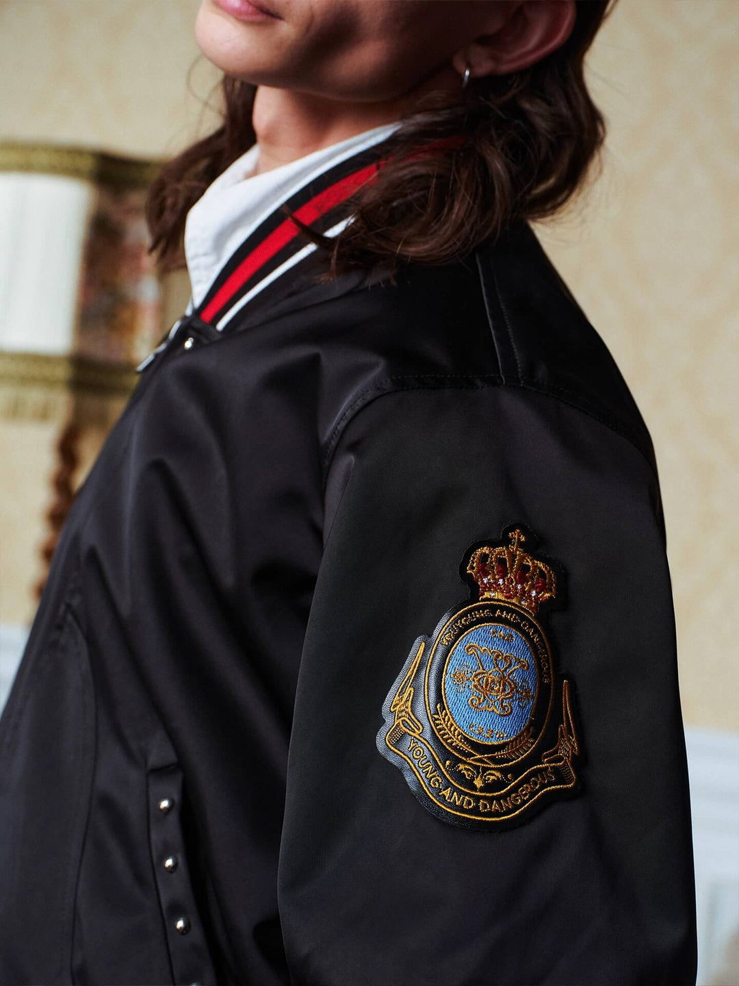 YADcrew Crown Patch Contrast Rib Varsity Jacket | Face 3 Face