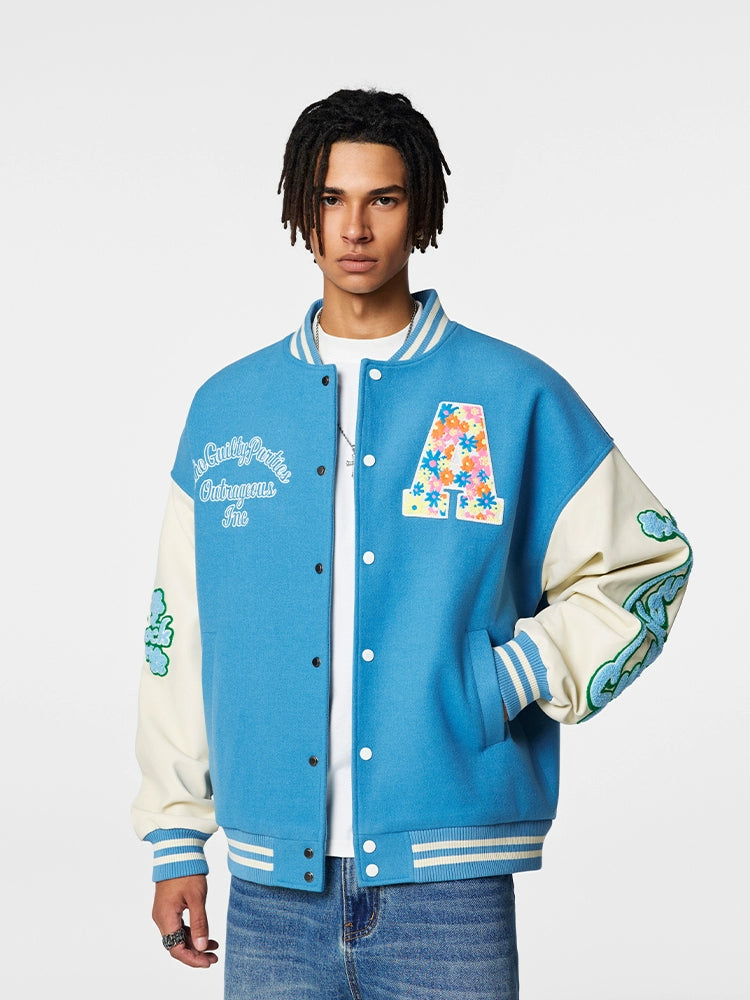 Racer varsity jacket | Achock Colorful Flower Logo Embroidery Varsity Jacket | Face 3 Face