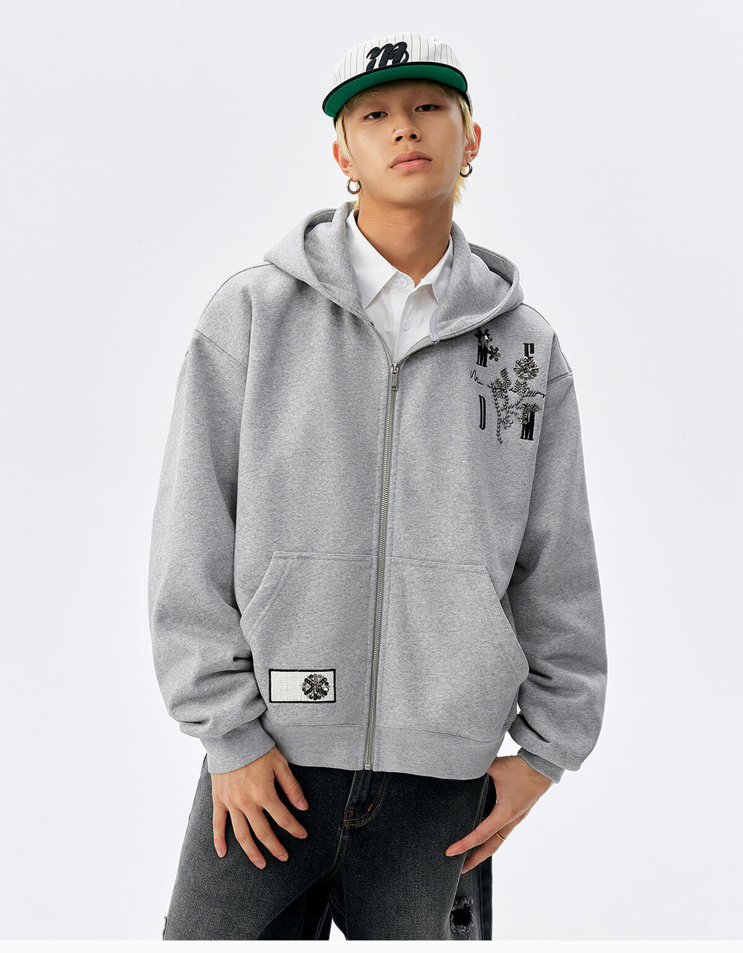 MEDM Beaded Flower Embellished Zip Up Hoodie | Face 3 Face