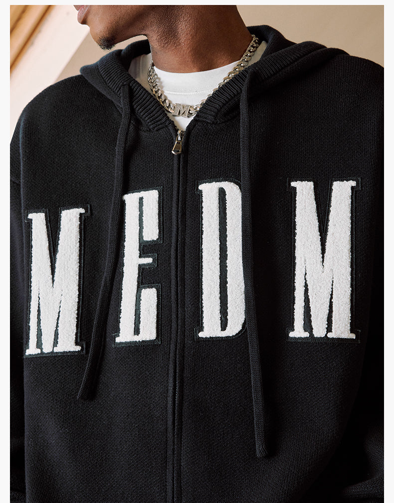 MEDM Basic Embroidered Logo Zip Up Knit Hoodie | Face 3 Face