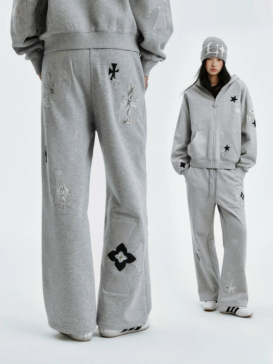 MEDM Leather Cross Star Patchwork Sweatpants | Face 3 Face