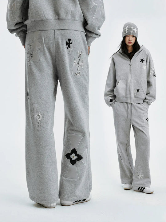 MEDM Leather Cross Star Patchwork Sweatpants | Face 3 Face