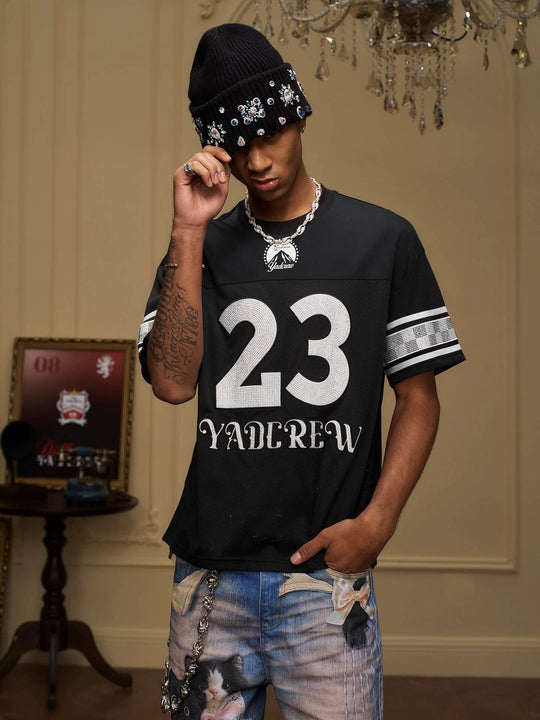 YADcrew Rhinestone Digital Checkered Numbering Mesh Tee | Face 3 Face