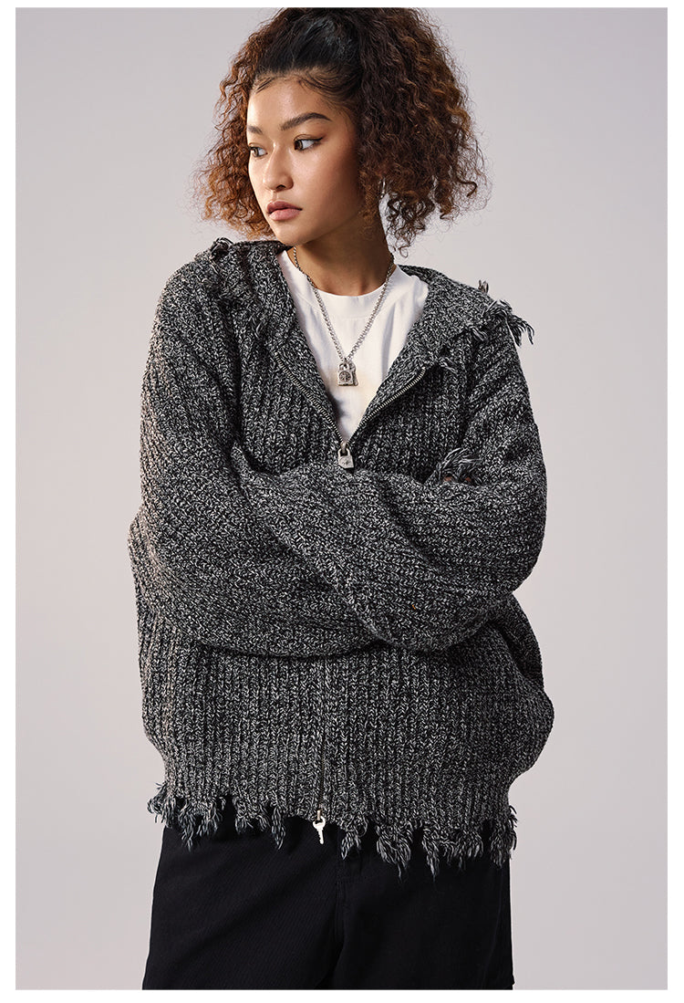 Remedy Distressed Hooded Zipper Knit Cardigan | Face 3 Face