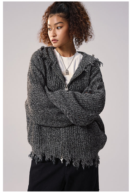 Remedy Distressed Hooded Zipper Knit Cardigan | Face 3 Face