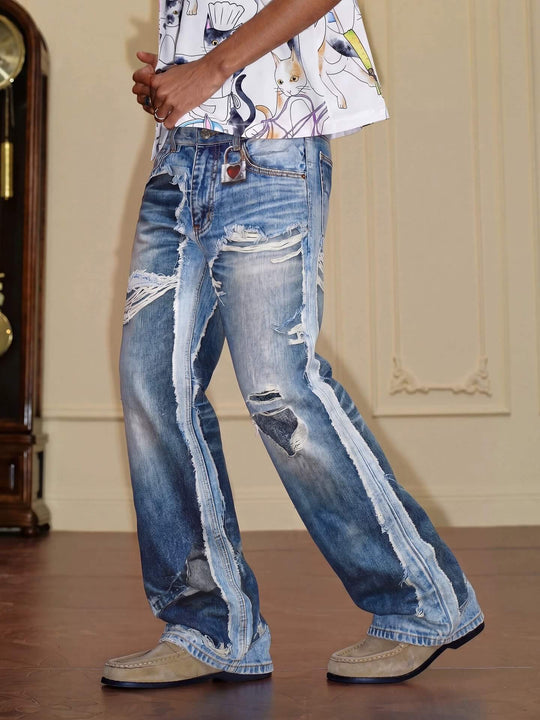 YADcrew Vintage Distressed Denim Print Loose Fit Wide Leg Jeans | Face 3 Face
