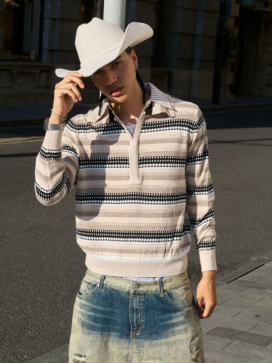 STEEPC Layered Design Knit Striped Long Sleeve Polo | Face 3 Face