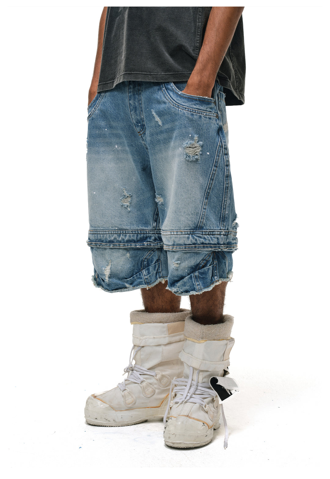 ANTIDOTE Destroyed Double-Layer Washed Denim Shorts | Face 3 Face