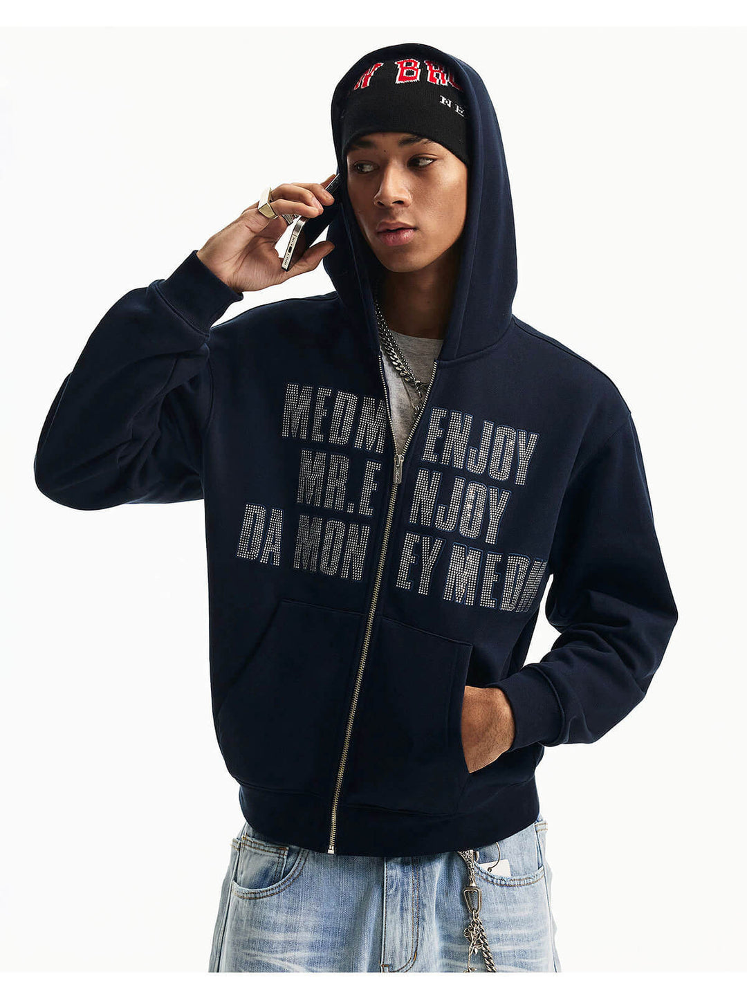MEDM Rhinestone Embellished Zip Up Hoodie | Face 3 Face