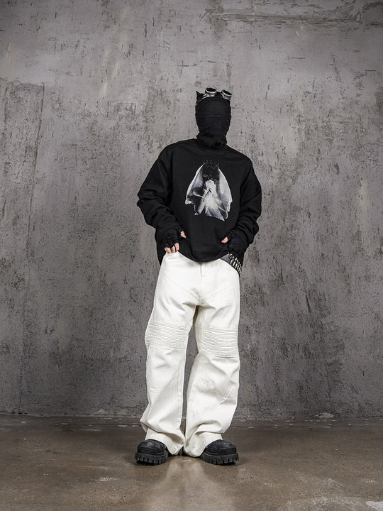 UNDERWATER Black Aged Wash Destroyed Portrait Print Long Sleeve Tee | Face 3 Face