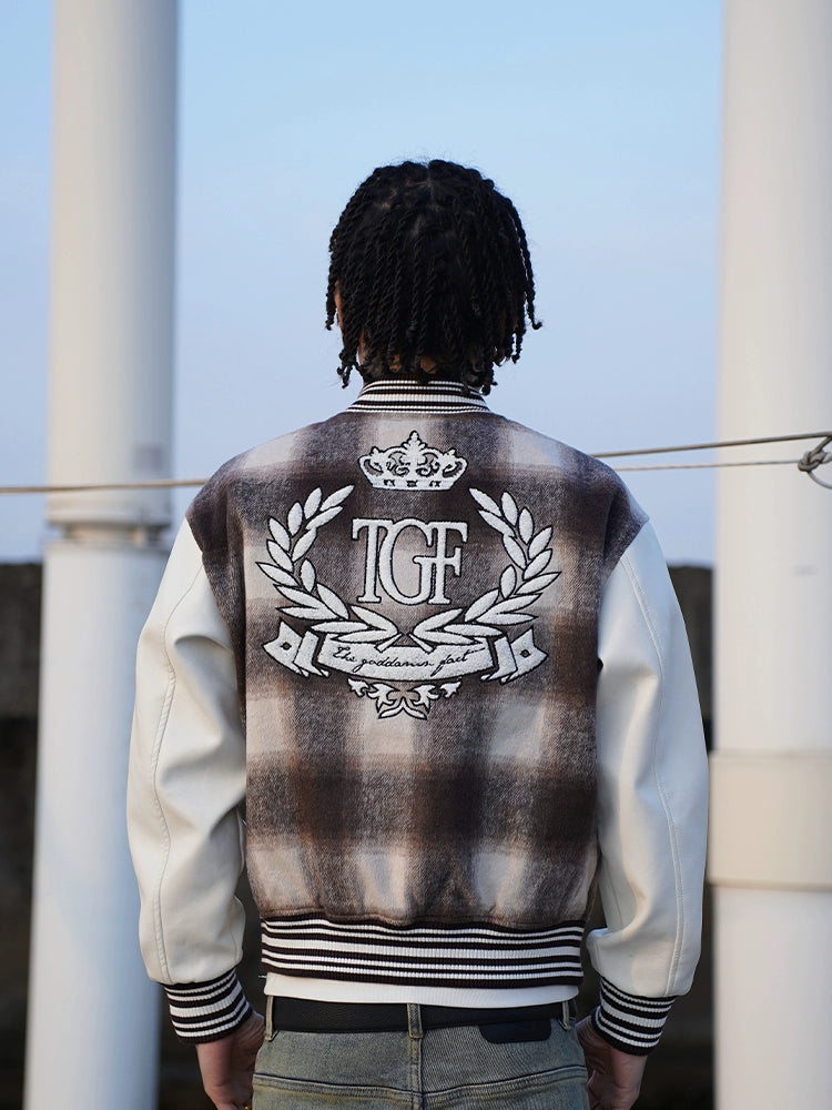 TGFCLUB Embroidered Plaid PU Leather Varsity Jacket | Face 3 Face