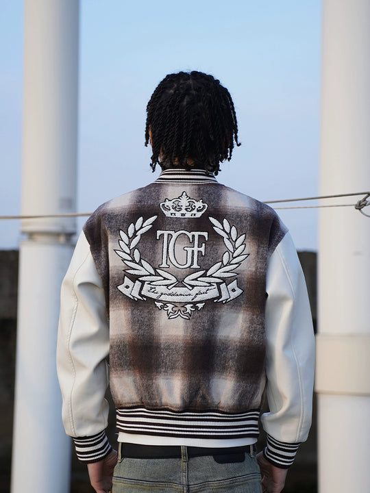 TGFCLUB Embroidered Plaid PU Leather Varsity Jacket | Face 3 Face