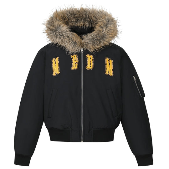 MEDM Animal Logo Patch Fur Hooded Bomber Jacket | Face 3 Face