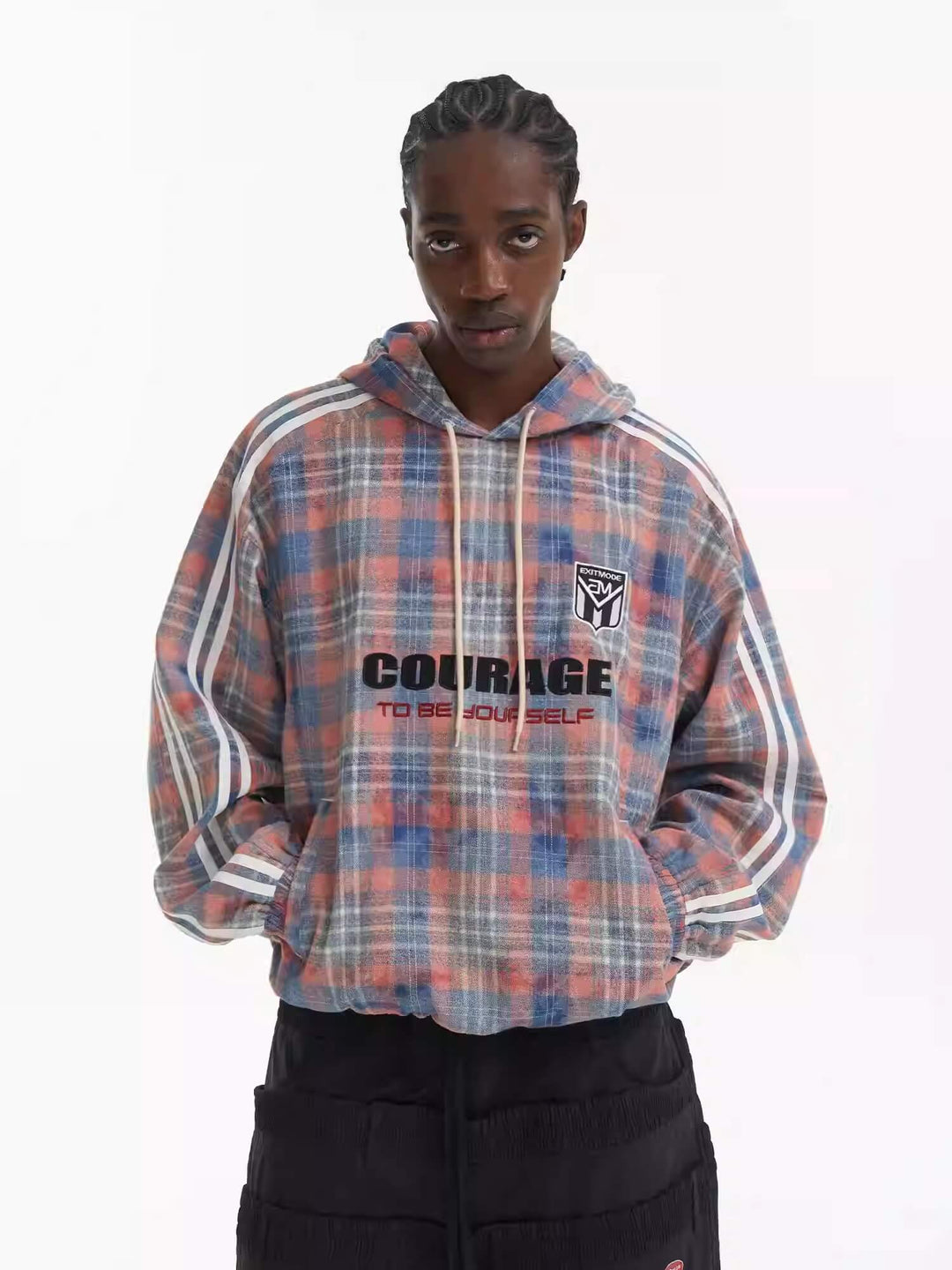 EXITMODE BY BLIND NO PLAN Checkered Embroidered Patch Stripe Sleeve Oversized Hoodie | Face 3 Face