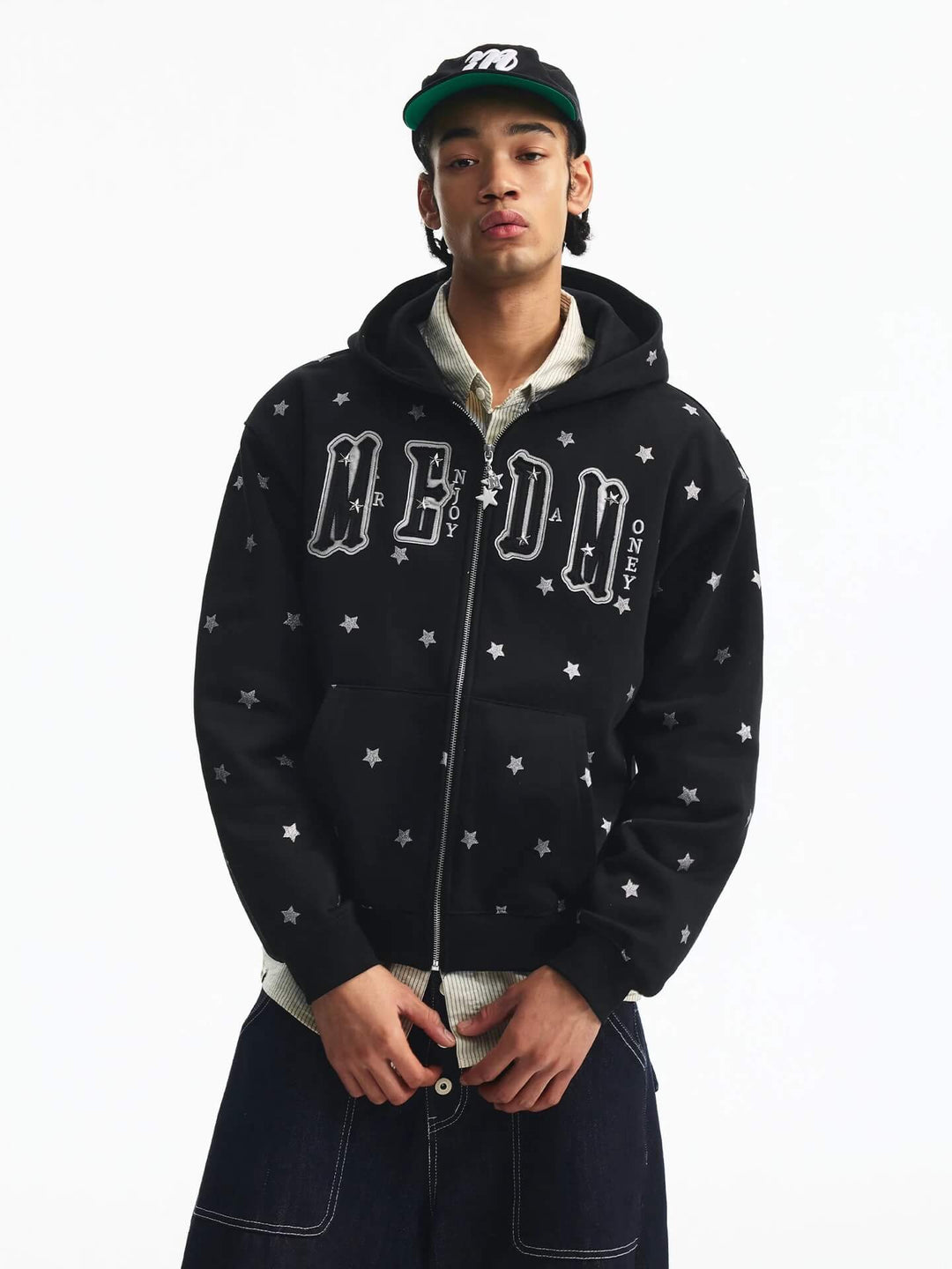 MEDM All Over Glitter Star Print Logo Patch Zip Up Hoodie | Face 3 Face